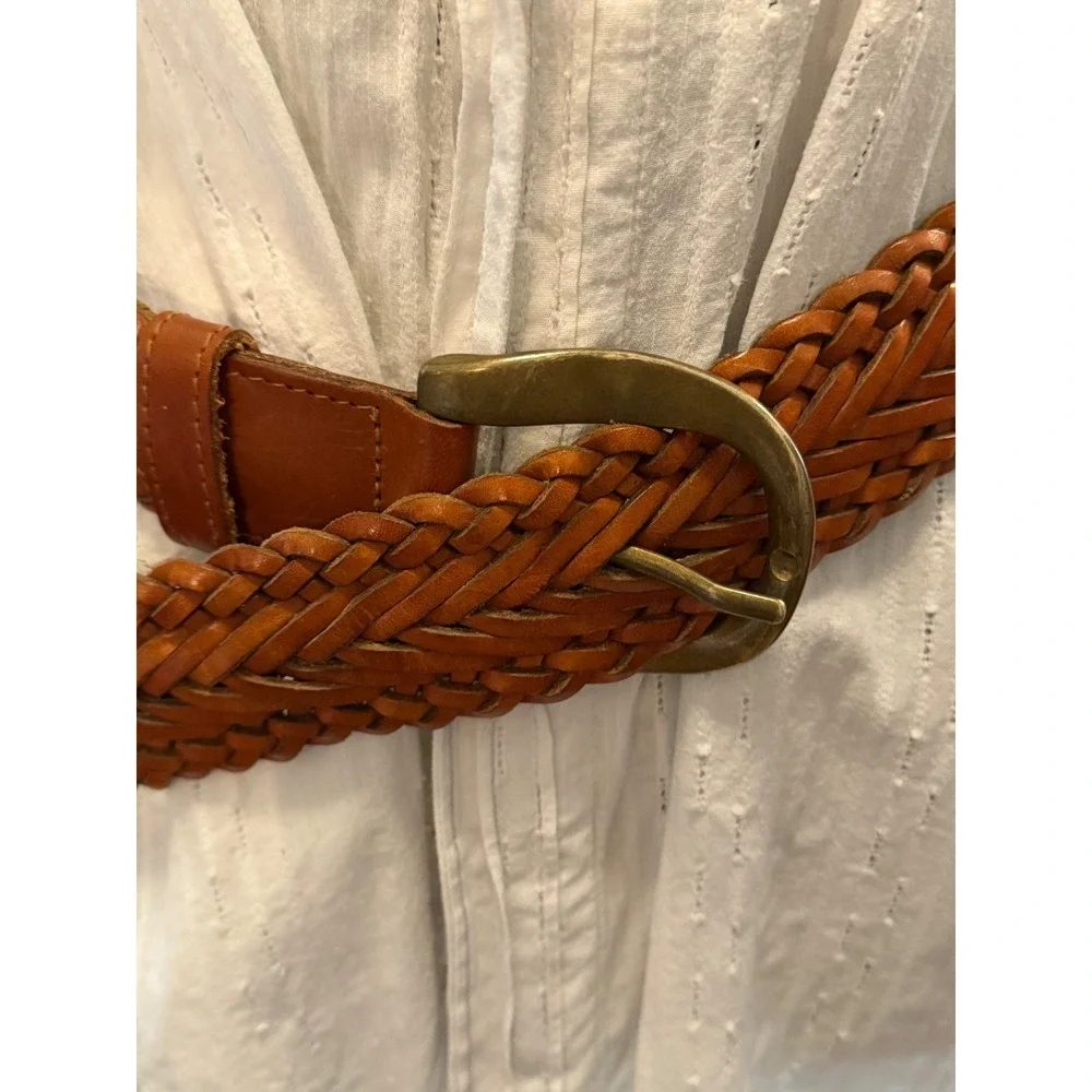 DKNY 90's Leather Braided Woven Belt Brown Brass Concho Studded M/L Western